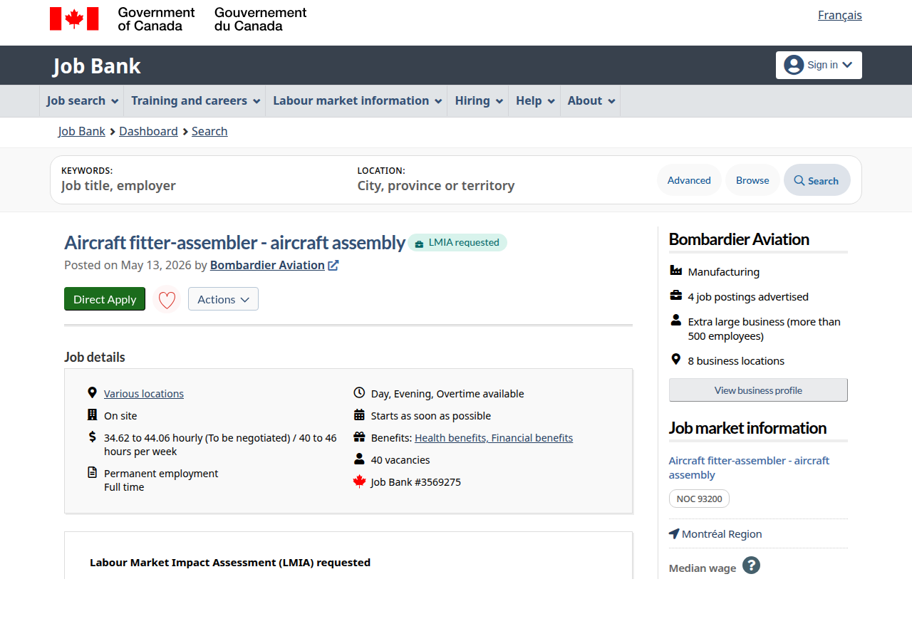 Screenshot of the Job Bank posting: aircraft fitter-assembler for aircraft assembly at Bombardier Aviation, flagged LMIA requested, posted May 13 2026, 34.62 to 44.06 dollars hourly, 40 vacancies, Job Bank number 3569275