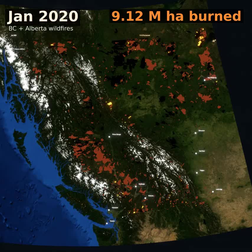 3D satellite map of cumulative BC and Alberta wildfire perimeters 2000-2024