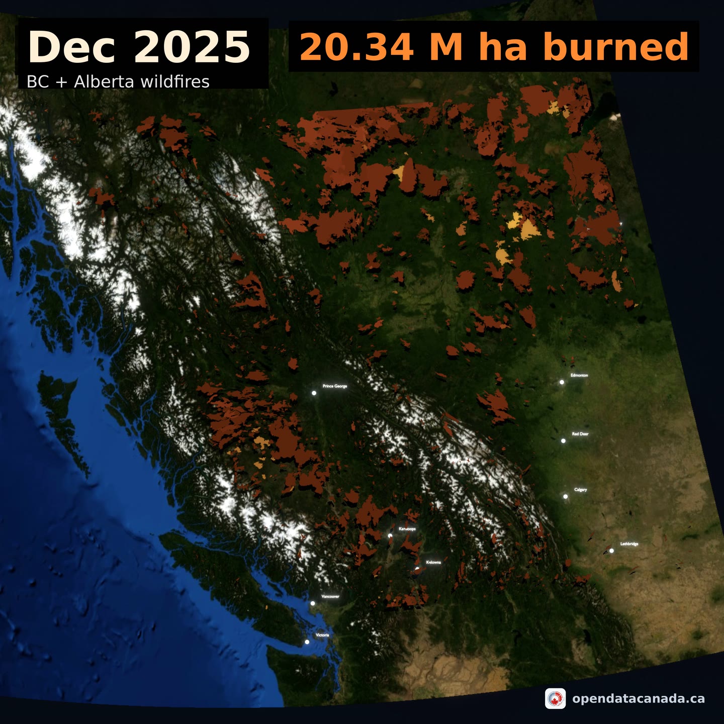 3D satellite map of cumulative BC and Alberta wildfire perimeters 2000-2025