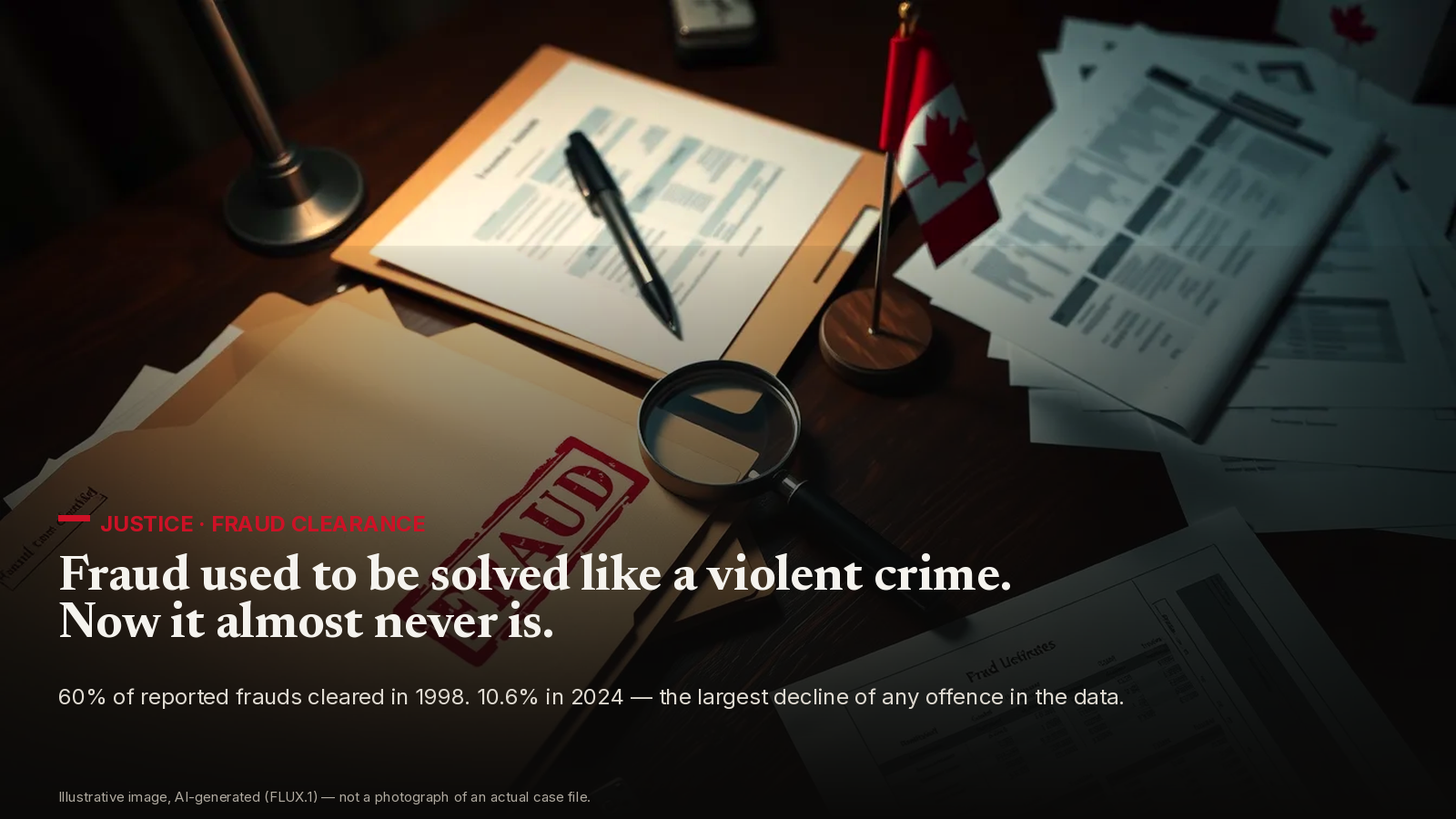 Illustrative image of a fraud case file stamped FRAUD on a desk with a magnifying glass, scattered financial documents, and a small Canadian flag.