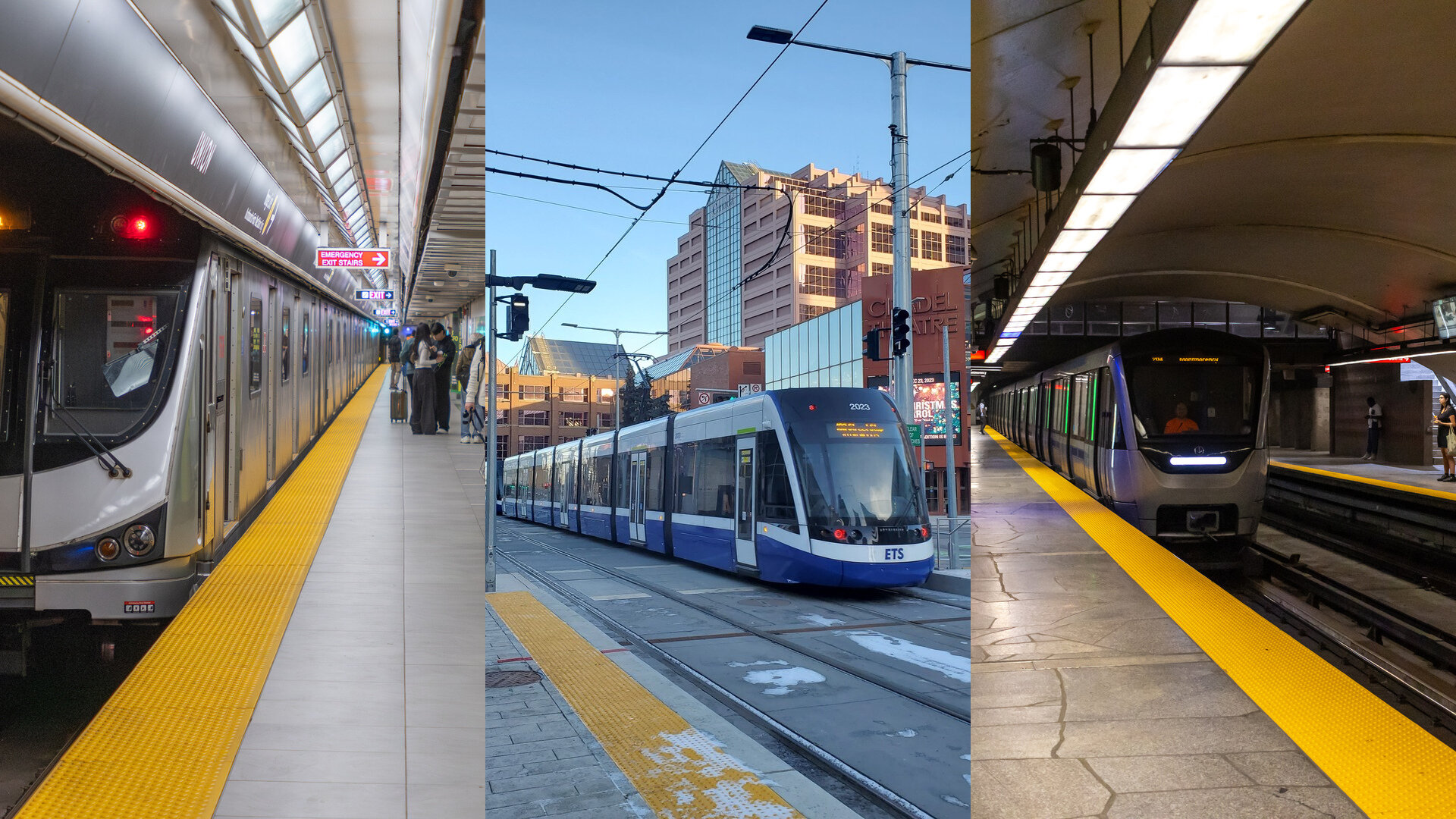 Three-panel image of a TTC Toronto Rocket subway at Union station, an Edmonton Valley Line LRT downtown, and a Montreal Metro Azur train at a station platform
