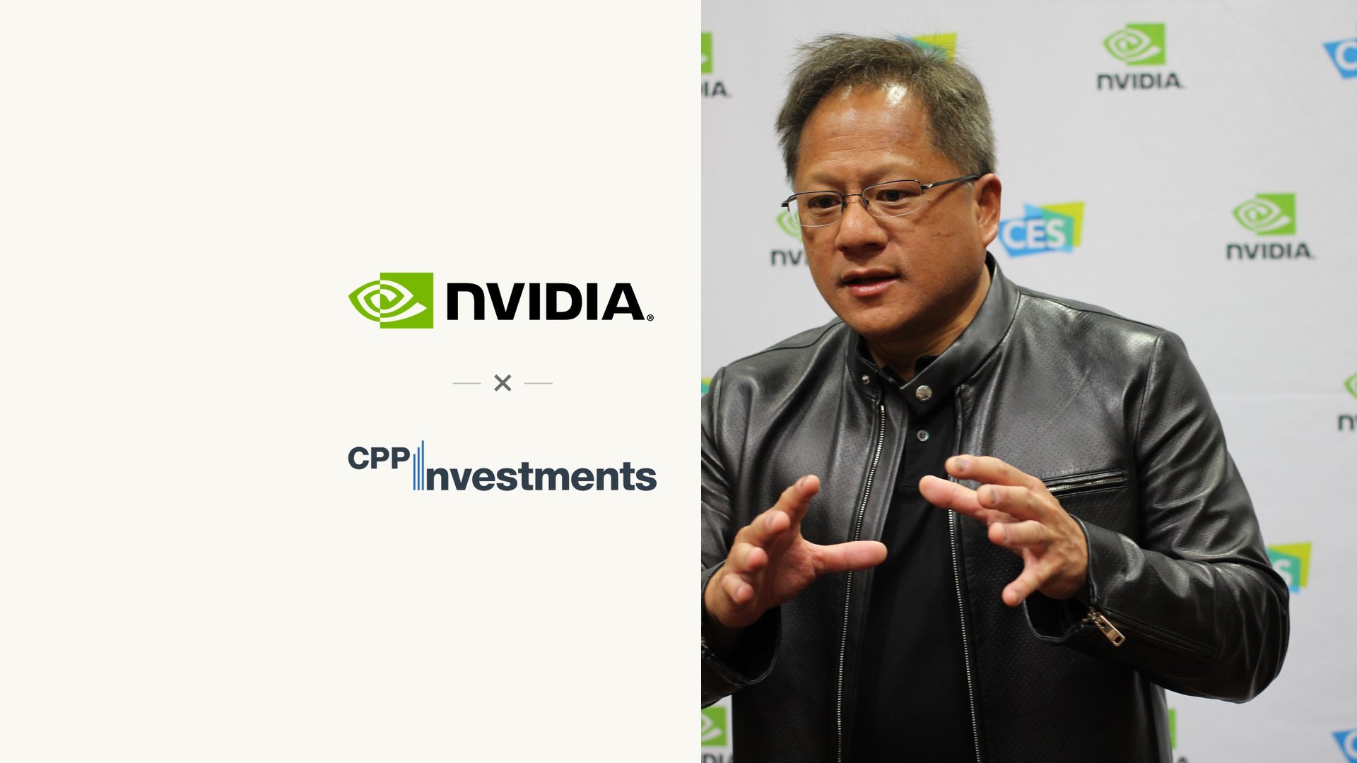 Photo illustration — Nvidia and CPP Investments logos beside a photo of Nvidia CEO Jensen Huang in his signature leather jacket