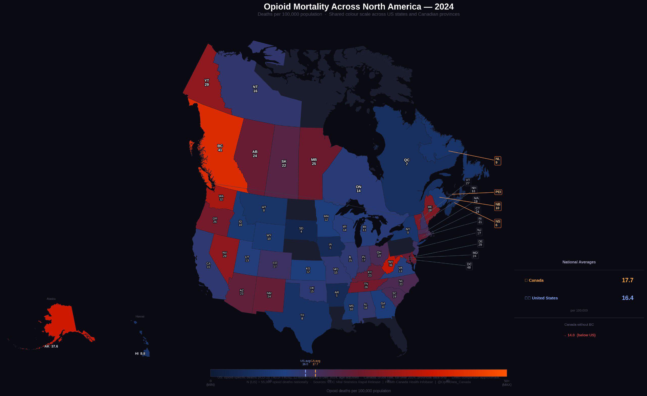 Map of 2024 opioid mortality across North America