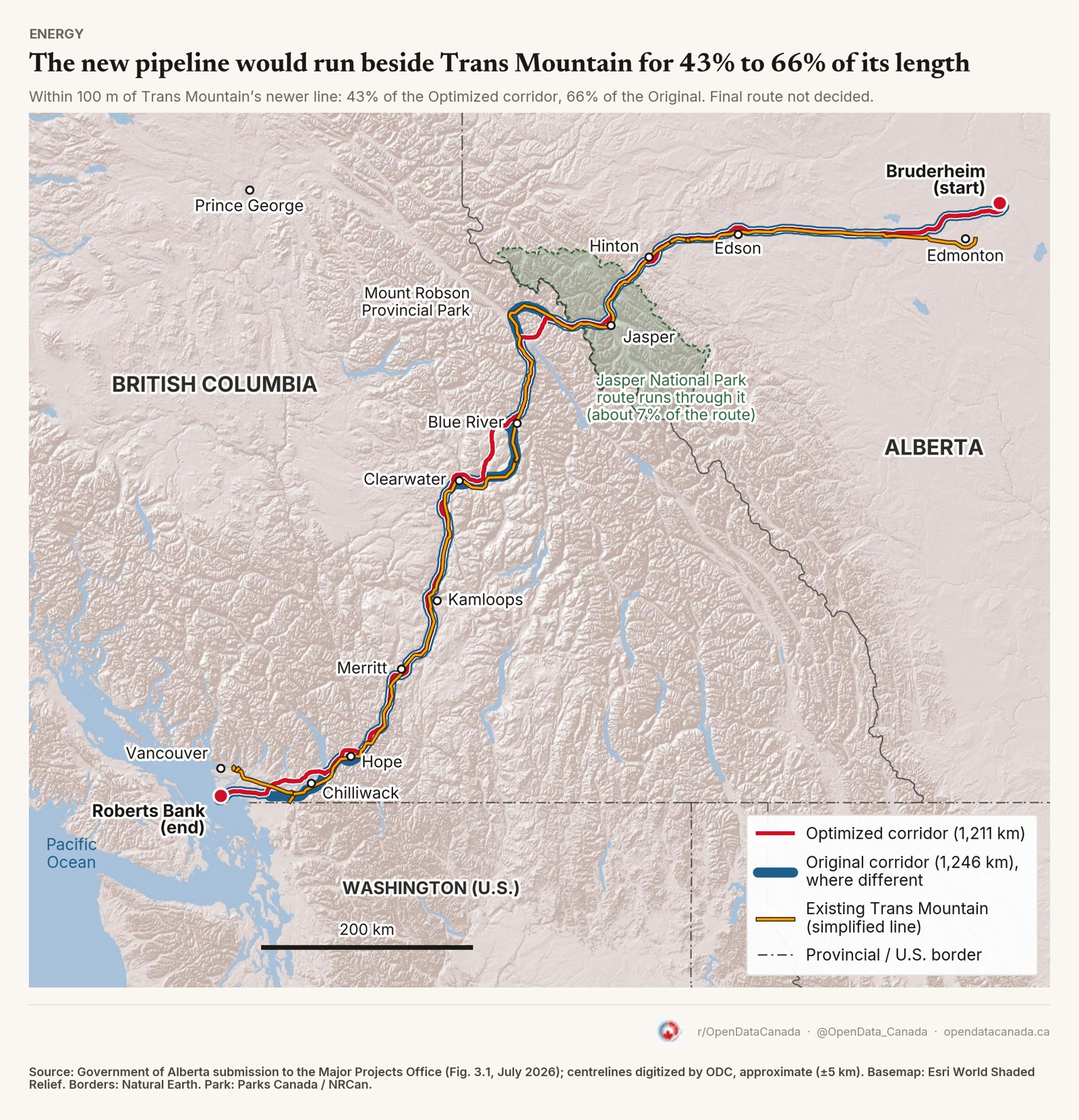 Map of the proposed Pacific Link oil pipeline route from Bruderheim, Alberta, through Jasper and Kamloops to Roberts Bank near Vancouver, running beside the existing Trans Mountain pipeline.